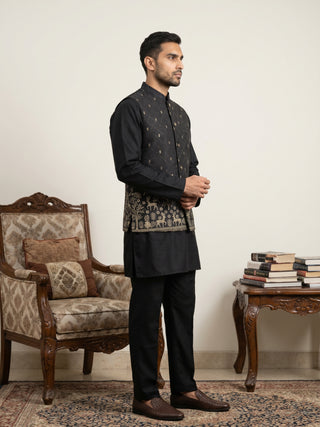 Men Cotton Blend Printed Nehru Jacket Kurta Set