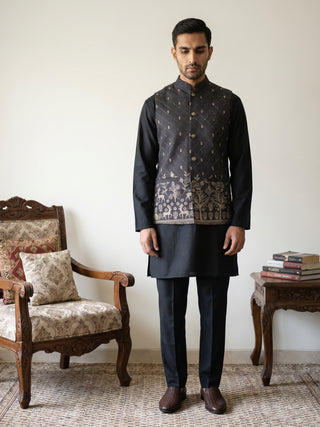 Men Cotton Blend Printed Nehru Jacket Kurta Set