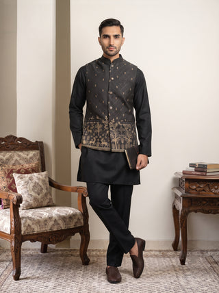 Men Cotton Blend Printed Nehru Jacket Kurta Set