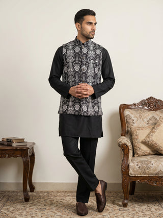 Men Printed Cotton Blend Nehru Jacket with Kurta Set