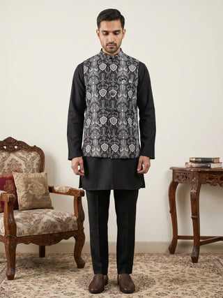 Men Printed Cotton Blend Nehru Jacket with Kurta Set