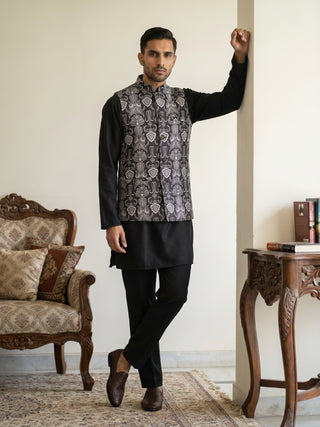 Men Printed Cotton Blend Nehru Jacket with Kurta Set