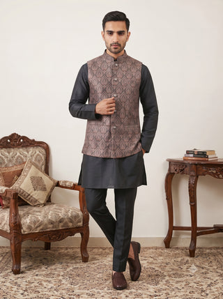 Men Paisley Embroidered Cotton Blend Nehru Jacket Kurta Set