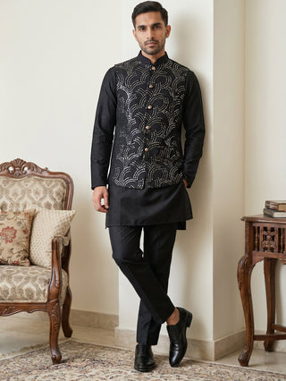 Men's Designer Sequins Nehru Jacket with Kurta Pyjama