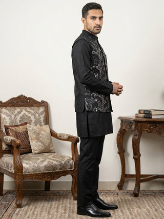 Men's Designer Sequins Nehru Jacket with Kurta Pyjama