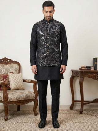 Men's Designer Sequins Nehru Jacket with Kurta Pyjama