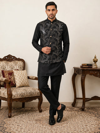 Men's Designer Sequins Nehru Jacket with Kurta Pyjama