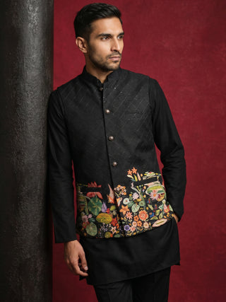 Floral Printed Silk Blend Nehru Jacket Kurta Set