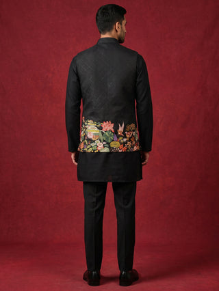 Floral Printed Silk Blend Nehru Jacket Kurta Set