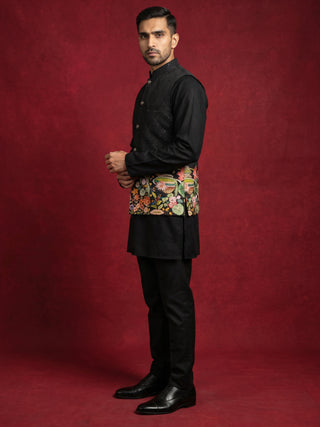 Floral Printed Silk Blend Nehru Jacket Kurta Set