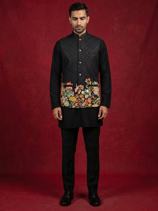 Floral Printed Silk Blend Nehru Jacket Kurta Set