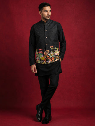 Floral Printed Silk Blend Nehru Jacket Kurta Set