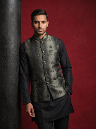 Men's Floral Jacquard Silk Blend Nehru Jacket with Kurta Set