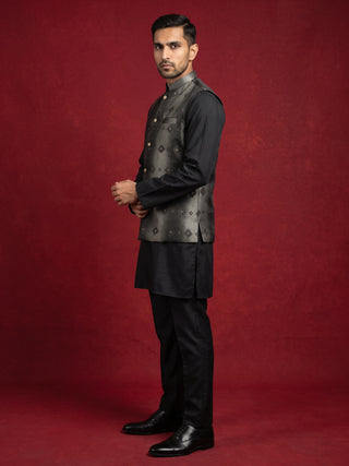 Men's Floral Jacquard Silk Blend Nehru Jacket with Kurta Set