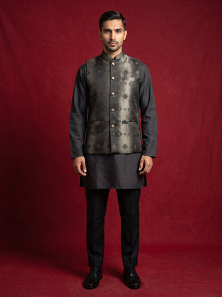 Men's Floral Jacquard Silk Blend Nehru Jacket with Kurta Set