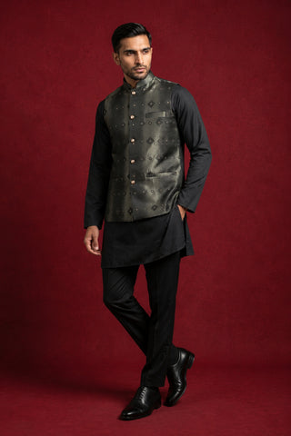 Men's Floral Jacquard Silk Blend Nehru Jacket with Kurta Set
