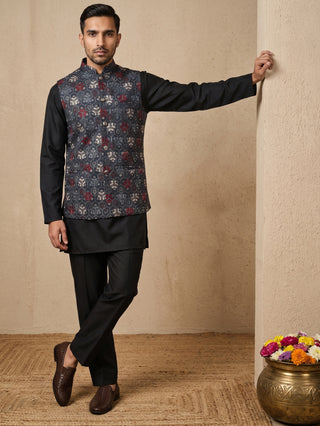 Silk Blend Embroidered Nehru Jacket with Kurta Set