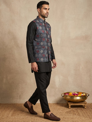 Silk Blend Embroidered Nehru Jacket with Kurta Set