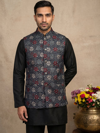 Silk Blend Embroidered Nehru Jacket with Kurta Set