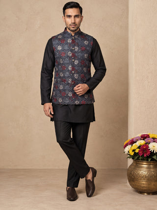 Silk Blend Embroidered Nehru Jacket with Kurta Set