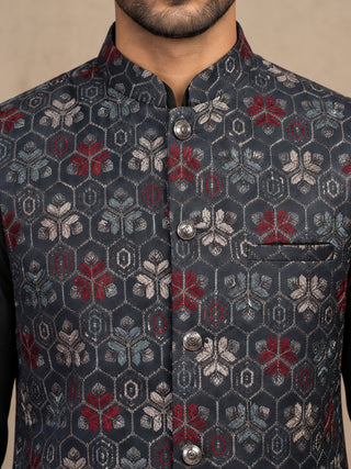 Silk Blend Embroidered Nehru Jacket with Kurta Set
