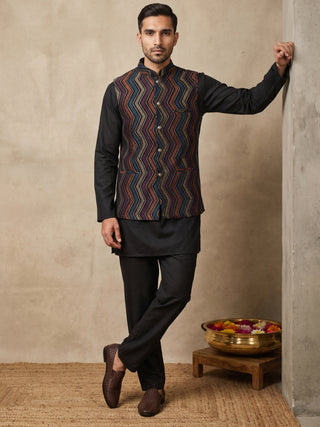 Velvet Embroidered Nehru Jacket with Silk Kurta Set