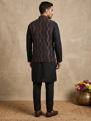 Velvet Embroidered Nehru Jacket with Silk Kurta Set