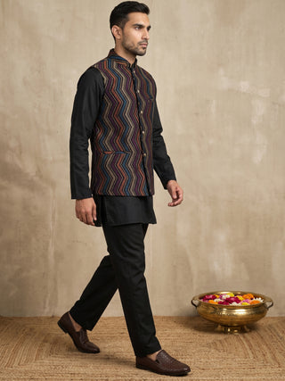 Velvet Embroidered Nehru Jacket with Silk Kurta Set