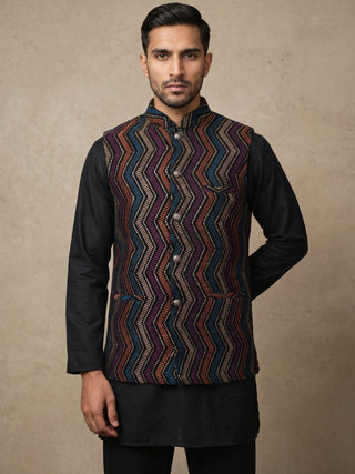 Velvet Embroidered Nehru Jacket with Silk Kurta Set