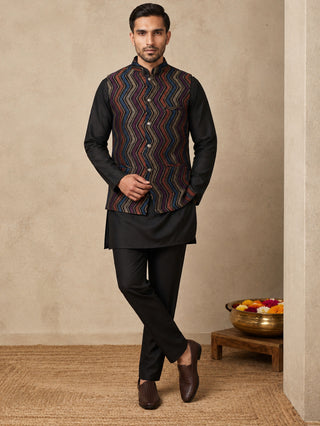 Velvet Embroidered Nehru Jacket with Silk Kurta Set