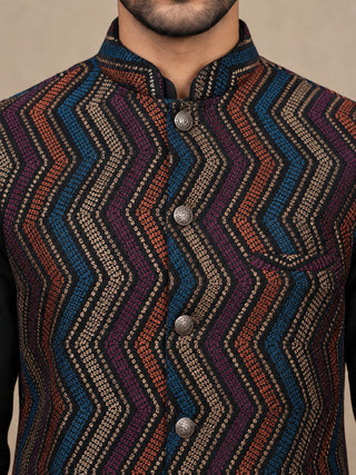 Velvet Embroidered Nehru Jacket with Silk Kurta Set