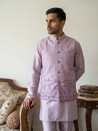 Men Cotton Blend Printed Nehru Jacket Kurta Set