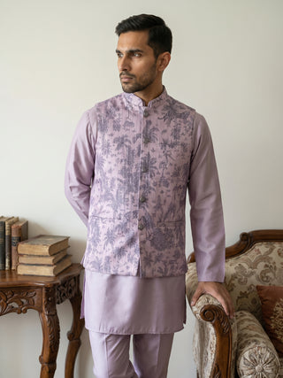 Printed Cotton Blend Nehru Jacket with Kurta & Pyjama Set