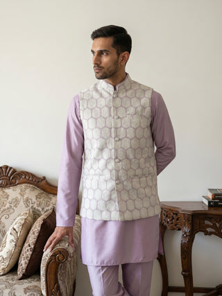 Men Embroidered Cotton Blend Nehru Jacket with Kurta Pyjama Set