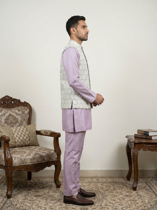 Men Embroidered Cotton Blend Nehru Jacket with Kurta Pyjama Set