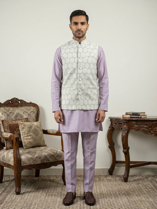 Men Embroidered Cotton Blend Nehru Jacket with Kurta Pyjama Set