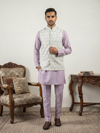 Men Embroidered Cotton Blend Nehru Jacket with Kurta Pyjama Set