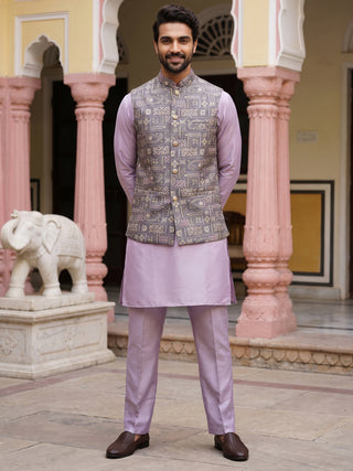 Jacquard Silk Woven Nehru Jacket with Kurta Pyjama Set