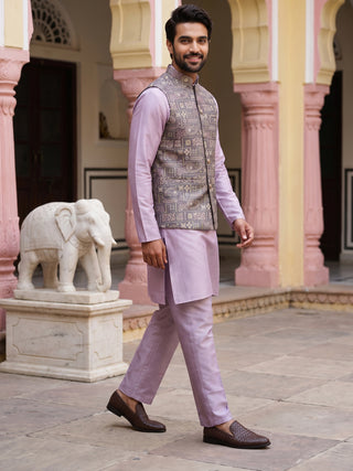 Jacquard Silk Woven Nehru Jacket with Kurta Pyjama Set