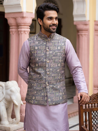 Jacquard Silk Woven Nehru Jacket with Kurta Pyjama Set