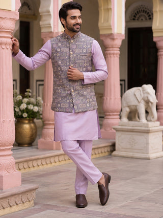 Jacquard Silk Woven Nehru Jacket with Kurta Pyjama Set