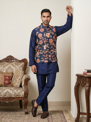 Men's Floral Printed Nehru Jacket with Kurta Pyjama Set