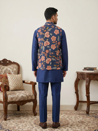 Men's Floral Printed Nehru Jacket with Kurta Pyjama Set
