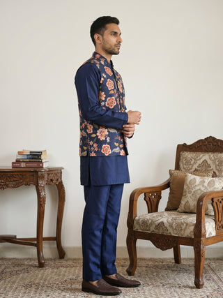 Men's Floral Printed Nehru Jacket with Kurta Pyjama Set
