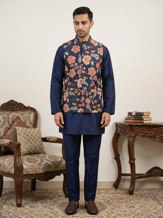Men's Floral Printed Nehru Jacket with Kurta Pyjama Set