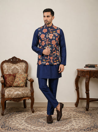 Men's Floral Printed Nehru Jacket with Kurta Pyjama Set