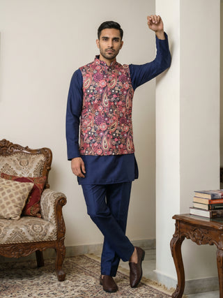 Men Paisley Print Cotton Blend Nehru Jacket with Kurta Set