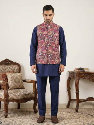 Men Paisley Print Cotton Blend Nehru Jacket with Kurta Set