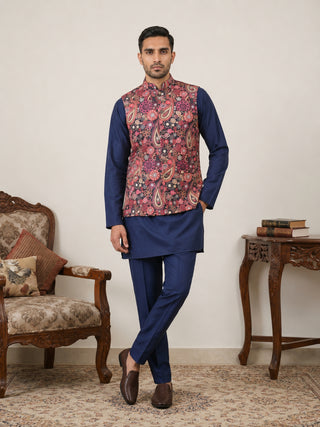 Men Paisley Print Cotton Blend Nehru Jacket with Kurta Set