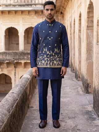 Embroidered Nehru Jacket With Kurta Pyjama Set
